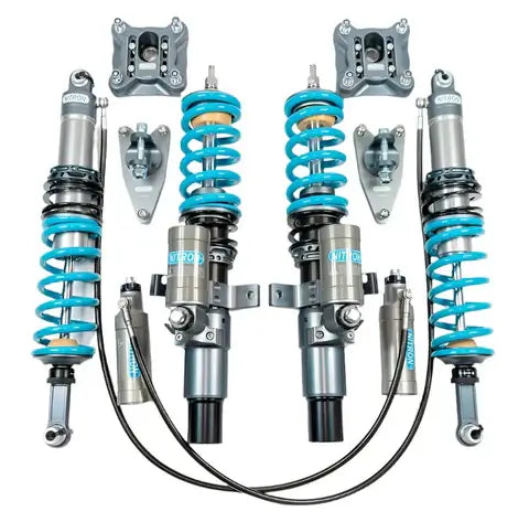 A90 Supra Nitron Rx NTR R1 suspension system with blue springs and adjustable dampers for enhanced performance.