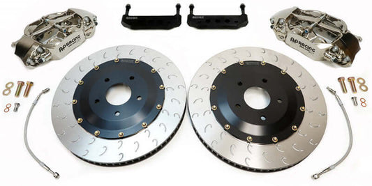 AP Racing rear brake kit components including calipers, rotors, and hardware for C5/C6 Corvette competition use.