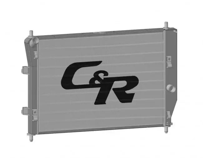 C&R performance radiator design for Chevrolet Corvette C6, featuring a sleek aluminum construction.