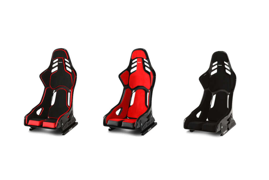 Set of three Recaro racing seats in black, red, and black with red accents, designed for Porsche 991/992 models.