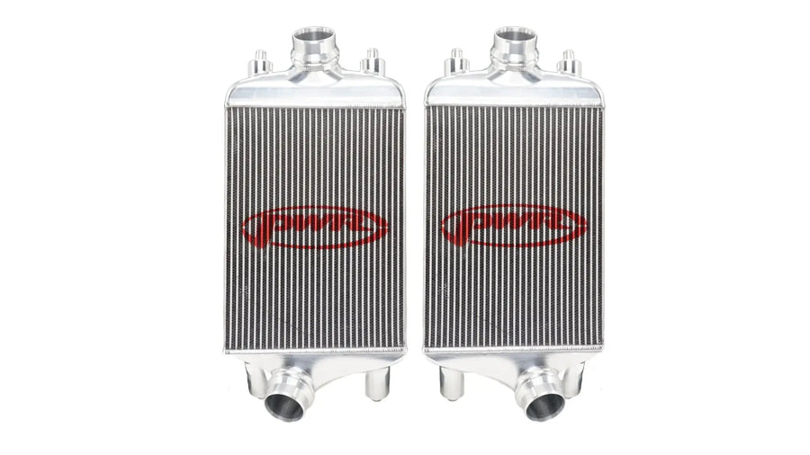 PWR 991 Turbo 87mm intercooler kit for Porsche 911, featuring high-performance aluminum construction.
